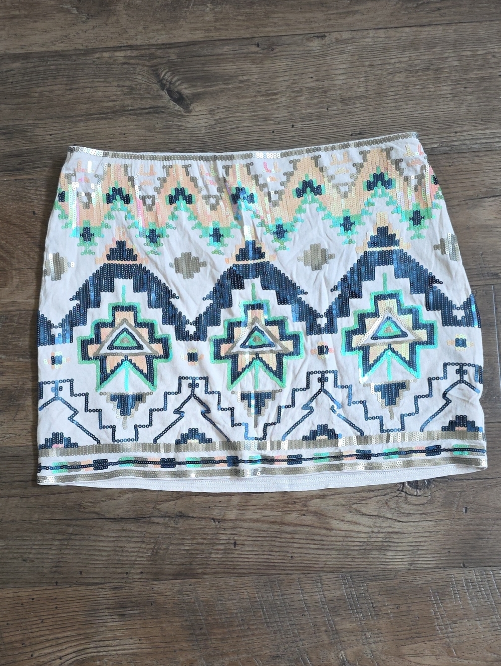 Express Beige Mini Skirt with Navy, Teal & Gold Sequin Aztec Pattern